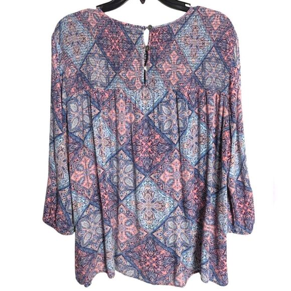 J. Jill Blue & Pink Rayon Smocked Geometric Medallion Peasant Top Blouse XL - Picture 3 of 6